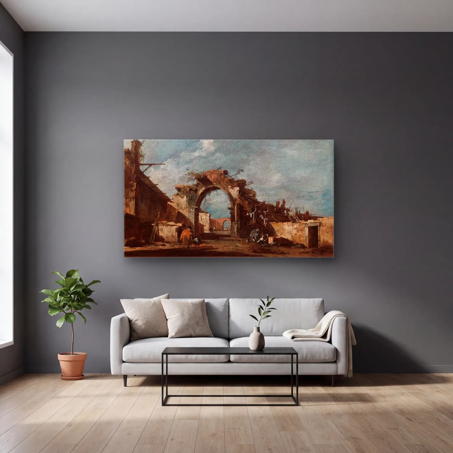 Francesco Guardi – Ruined Archway cam tablo — gri duvarlı salonda