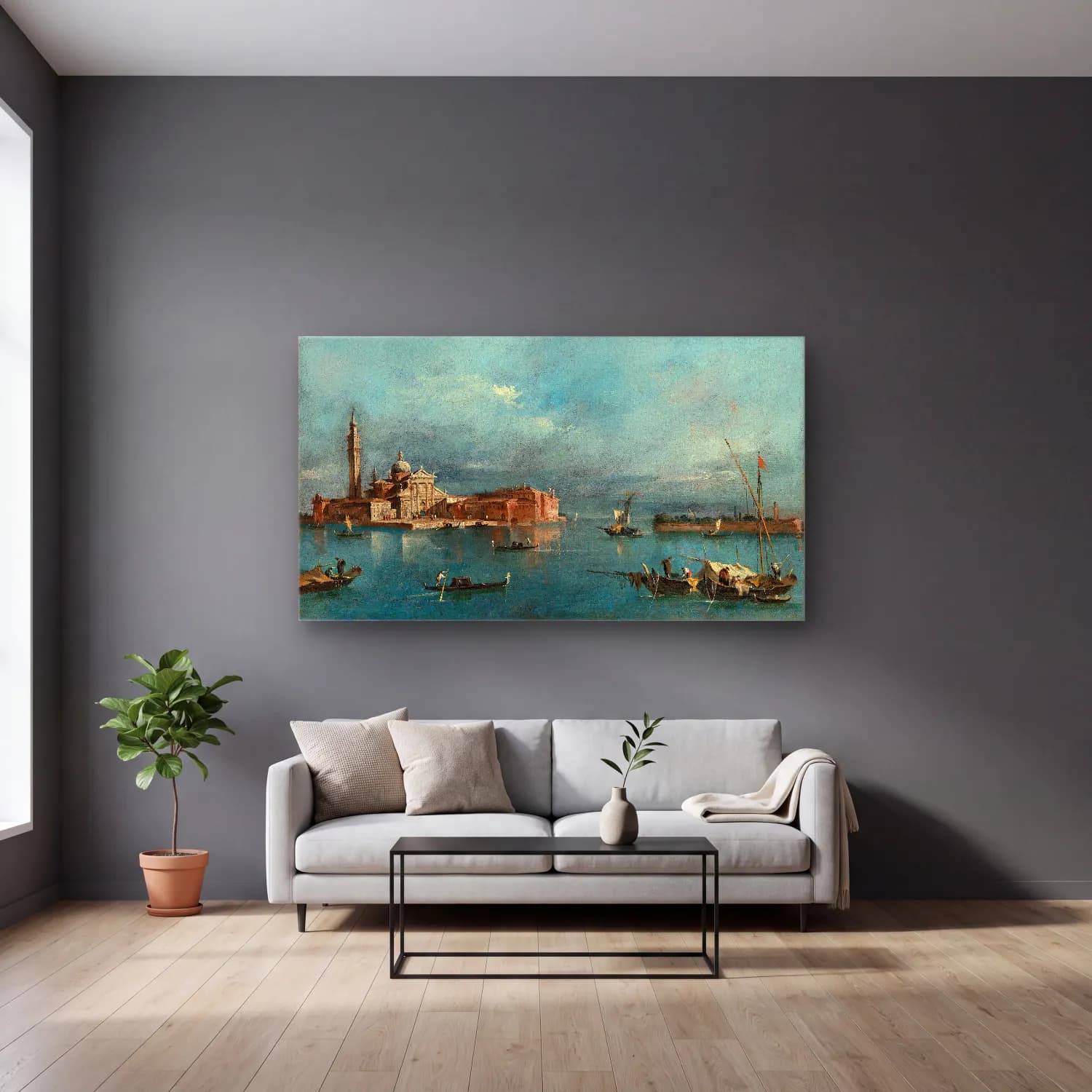 Francesco Guardi – San Giorgio Maggiore, with the Punta del Giudecca cam tablo — gri duvarlı salonda