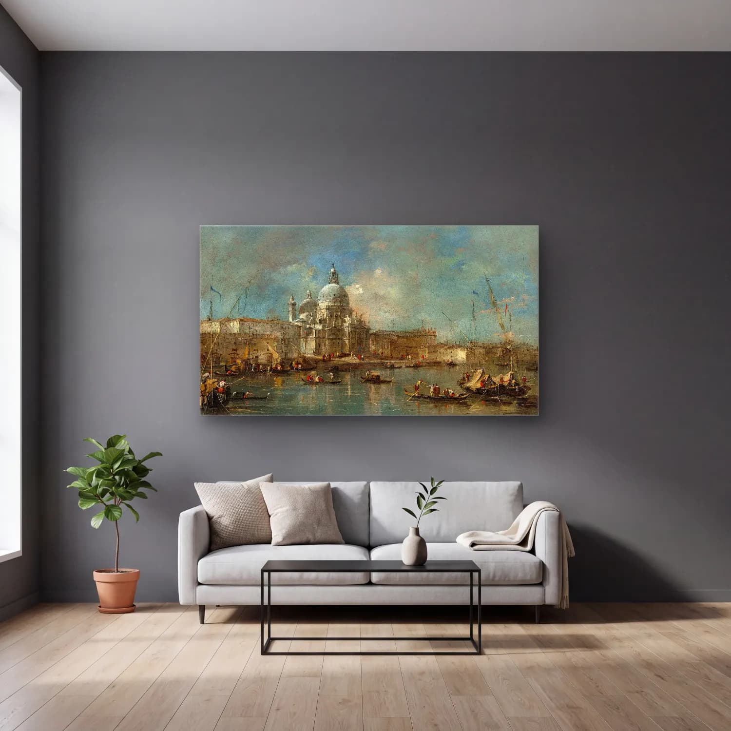 Francesco Guardi – Santa Maria della Salute cam tablo — gri duvarlı salonda