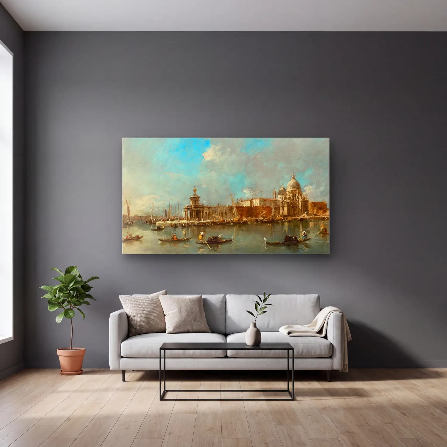 Francesco Guardi – Santa Maria della Salute and the Dogana, Venice cam tablo — gri duvarlı salonda