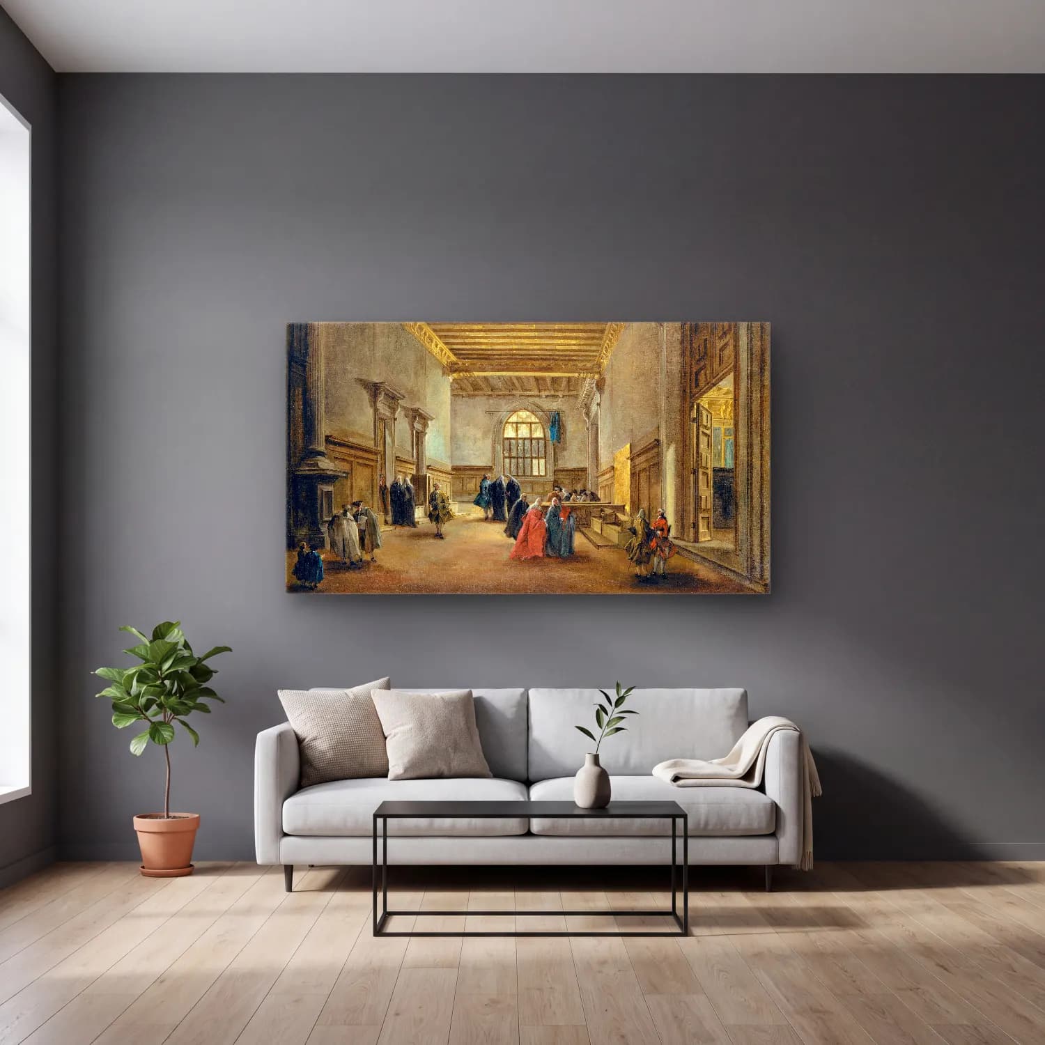 Francesco Guardi – The Antechamber of the Sala del Maggior Consiglio (ca.… cam tablo — gri duvarlı salonda