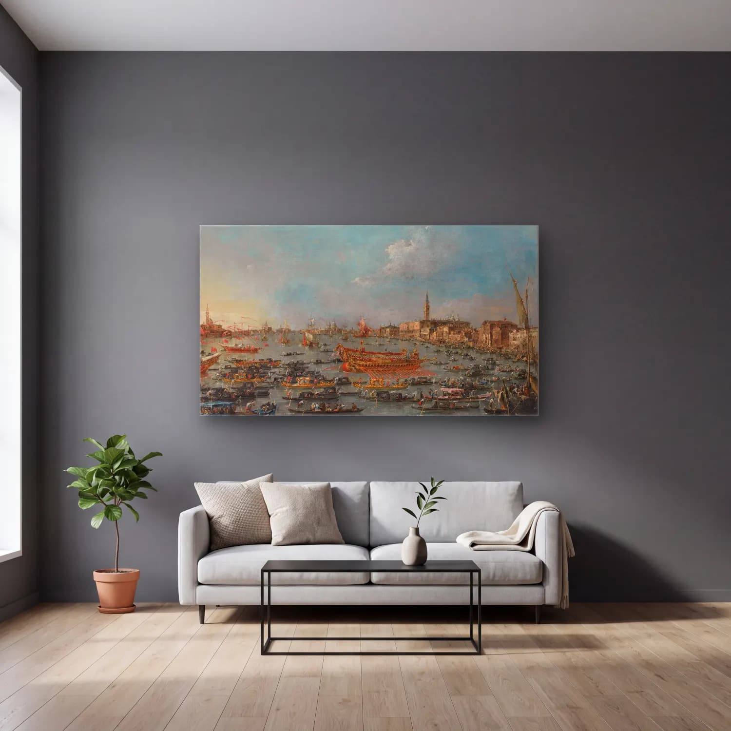 Francesco Guardi – The Bucintoro Festival of Venice cam tablo — gri duvarlı salonda