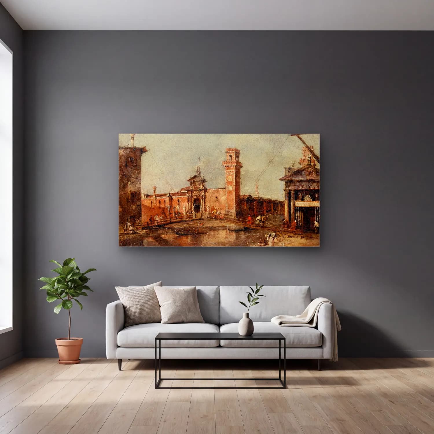 Francesco Guardi – The Entrance to the Arsenal in Venice cam tablo — gri duvarlı salonda