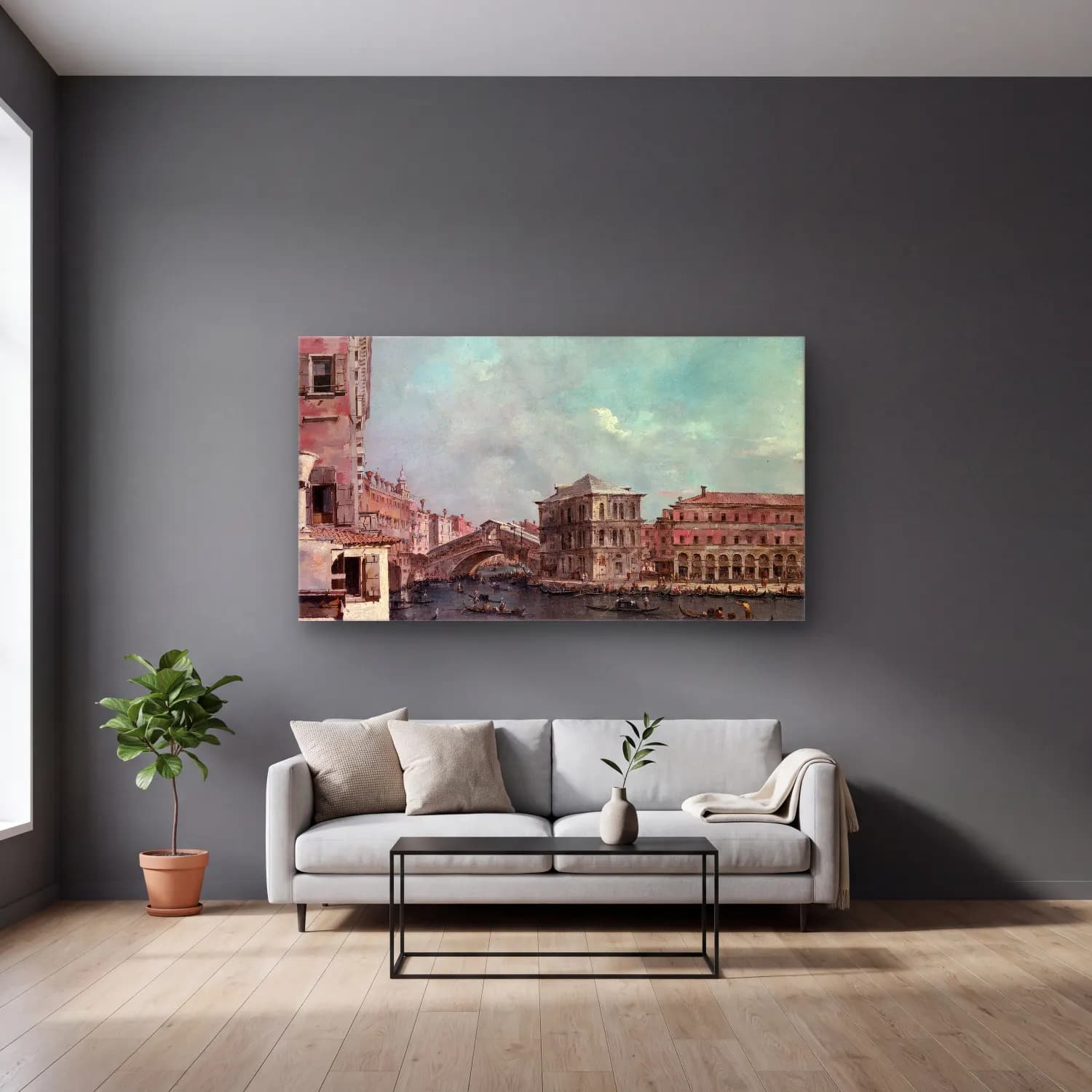 Francesco Guardi – The Grand Canal above the Rialto (late 1760s) cam tablo — gri duvarlı salonda