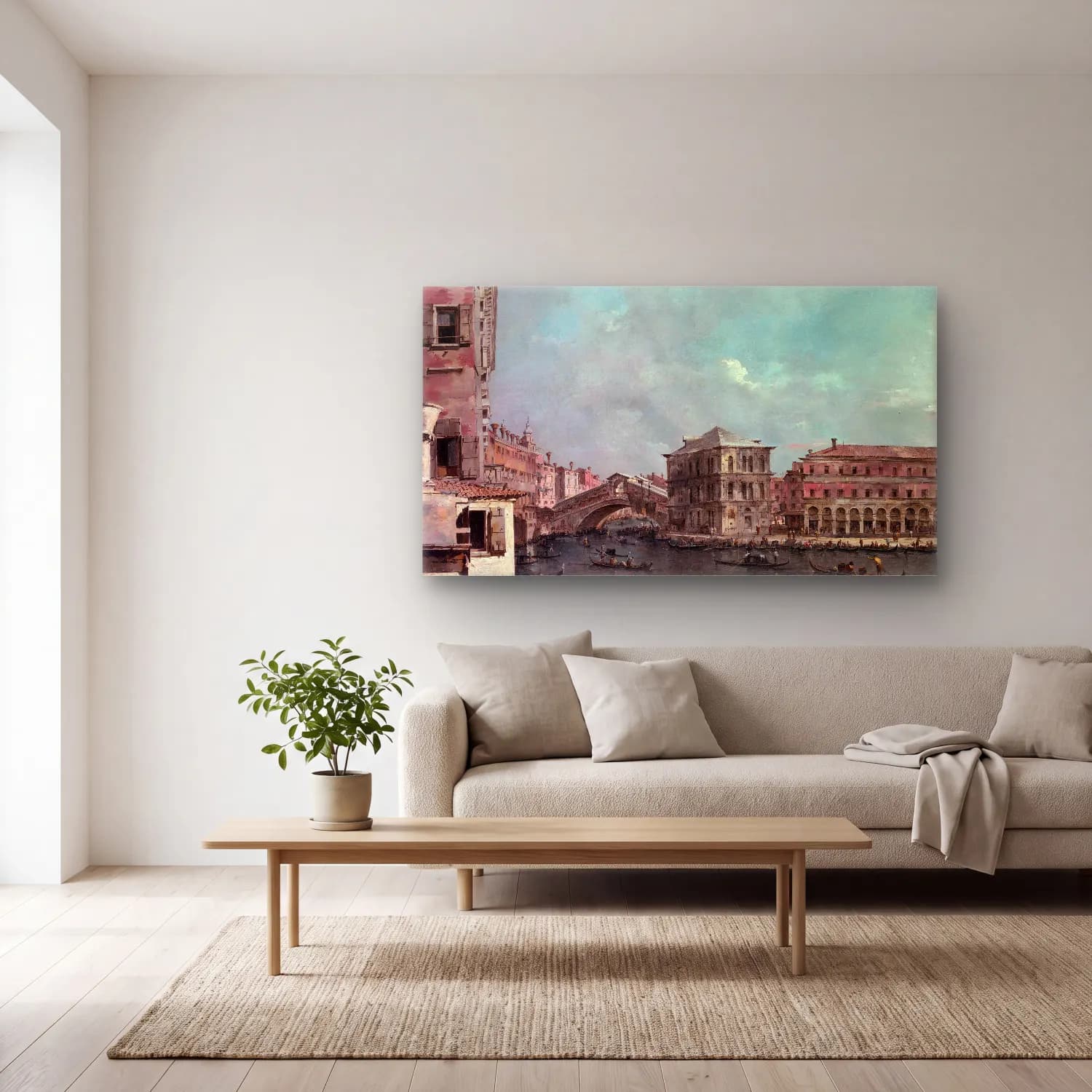 Francesco Guardi – The Grand Canal above the Rialto (late 1760s) cam tablo — açık renk salonda
