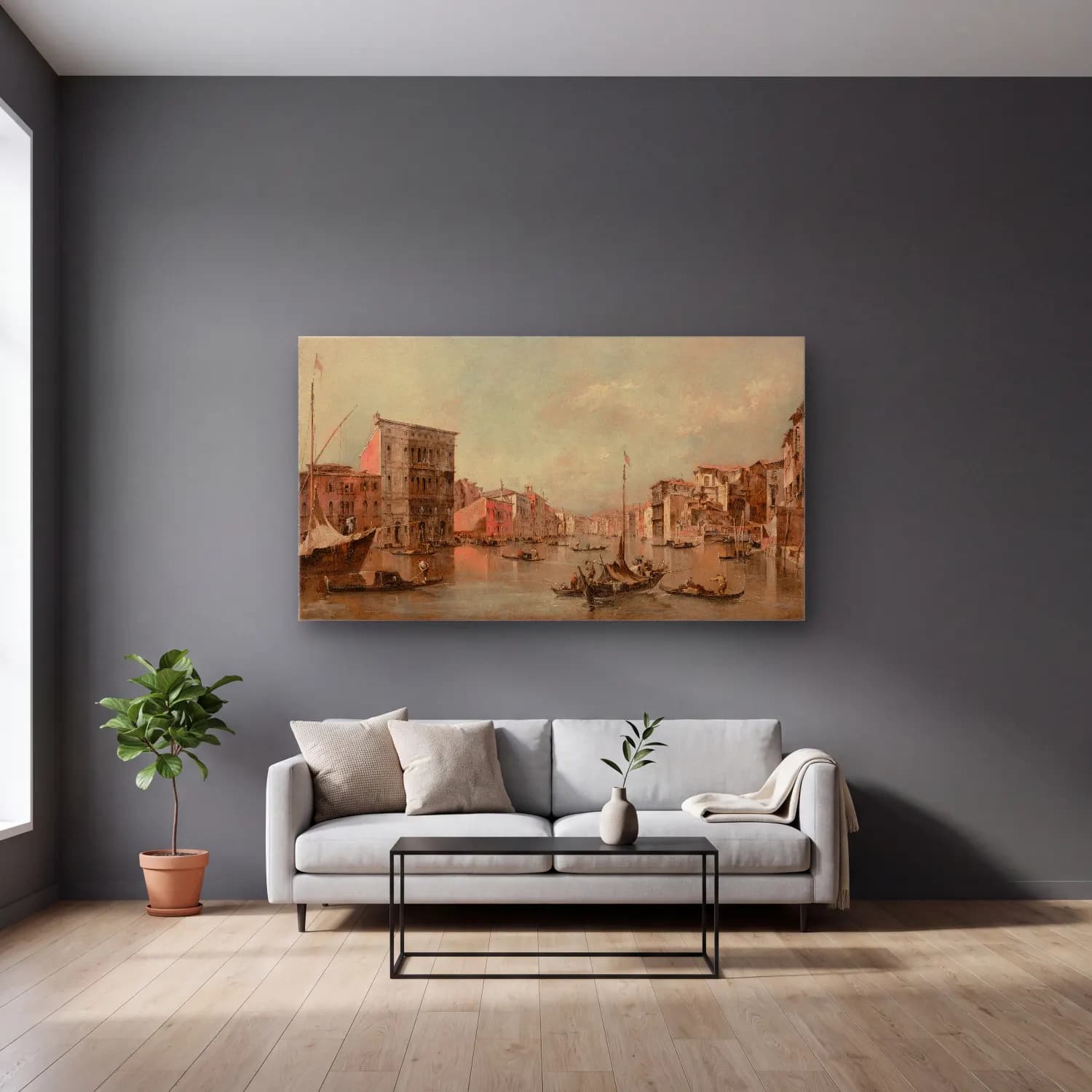 Francesco Guardi – The Grand Canal in Venice with Palazzo Bembo (about 1768) cam tablo — gri duvarlı salonda