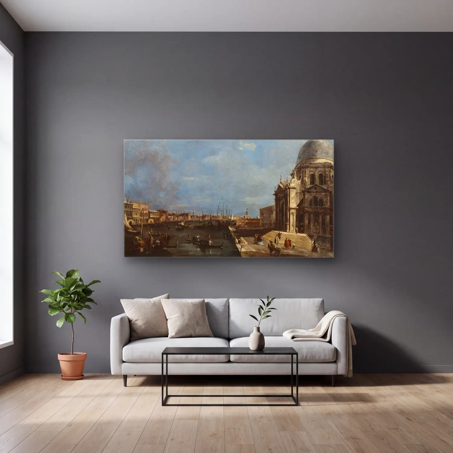 Francesco Guardi – The Grand Canal, Venice cam tablo — gri duvarlı salonda