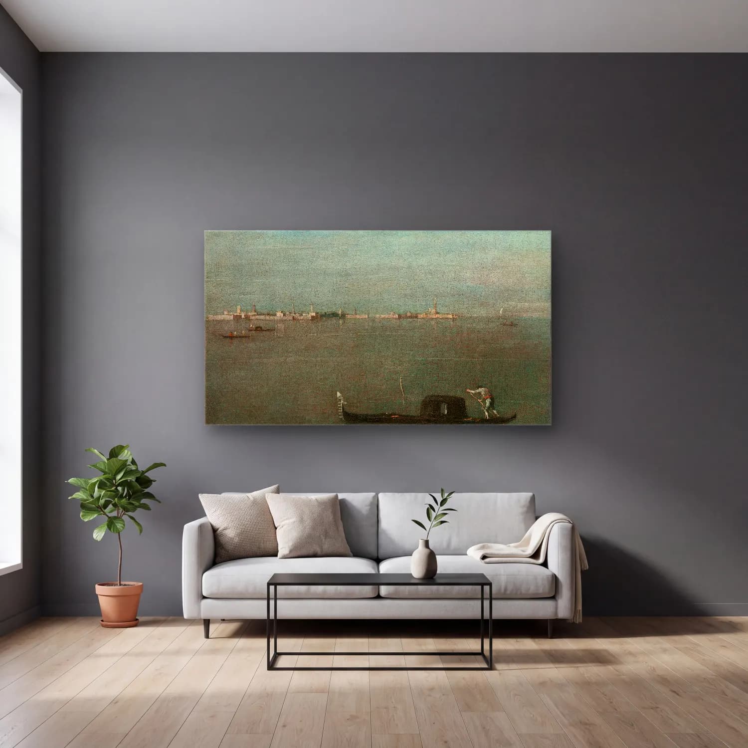 Francesco Guardi – The Grey Lagoon (Gondolas on the Lagoon) (circa 1765) cam tablo — gri duvarlı salonda