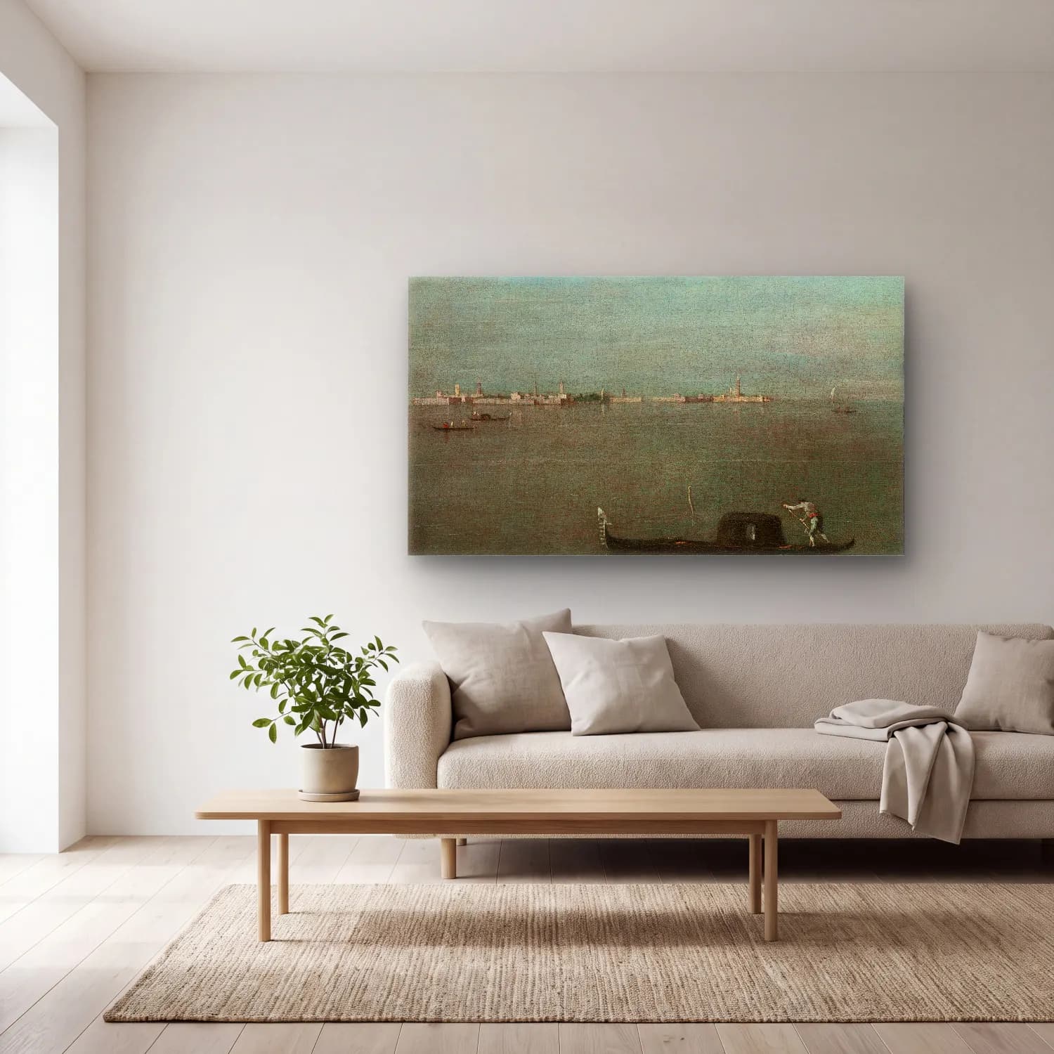 Francesco Guardi – The Grey Lagoon (Gondolas on the Lagoon) (circa 1765) cam tablo — açık renk salonda
