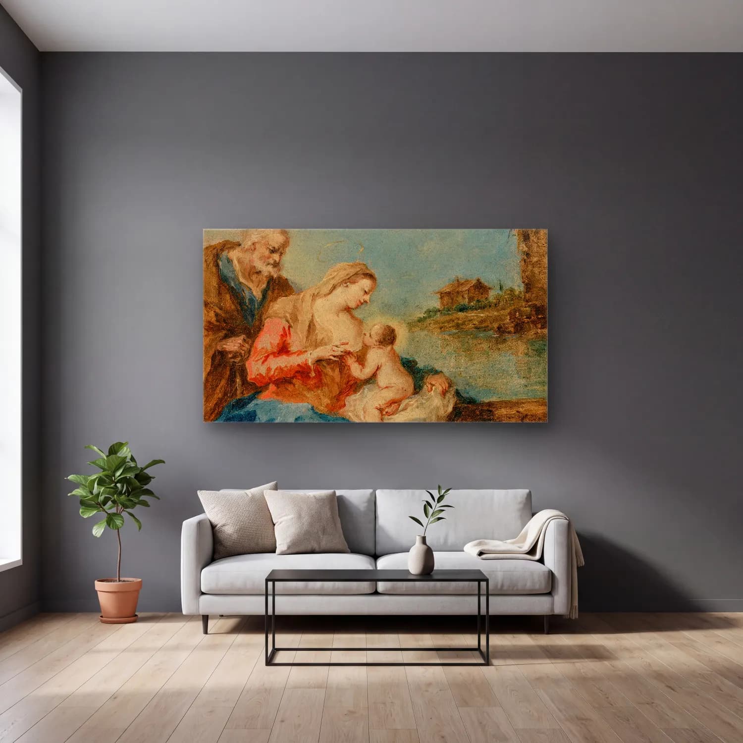 Francesco Guardi – The Holy Family cam tablo — gri duvarlı salonda