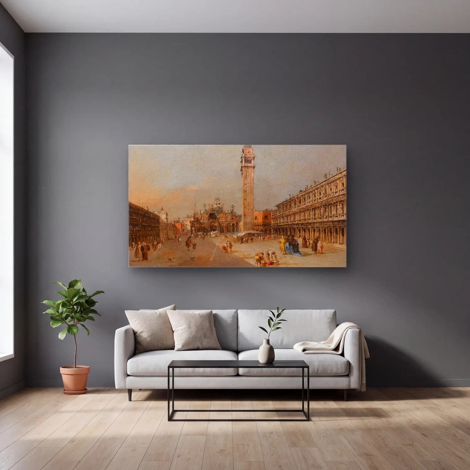 Francesco Guardi – The Piazza San Marco With The Basilica And Campanile cam tablo — gri duvarlı salonda