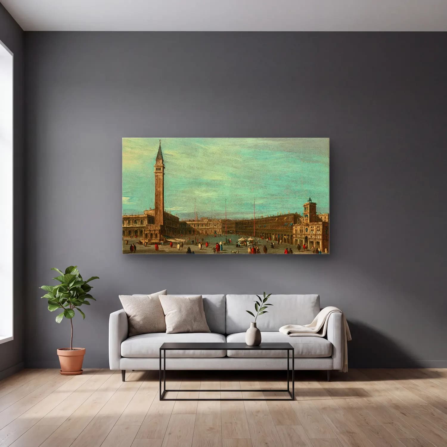 Francesco Guardi – The Piazza San Marco, Venice, looking west cam tablo — gri duvarlı salonda