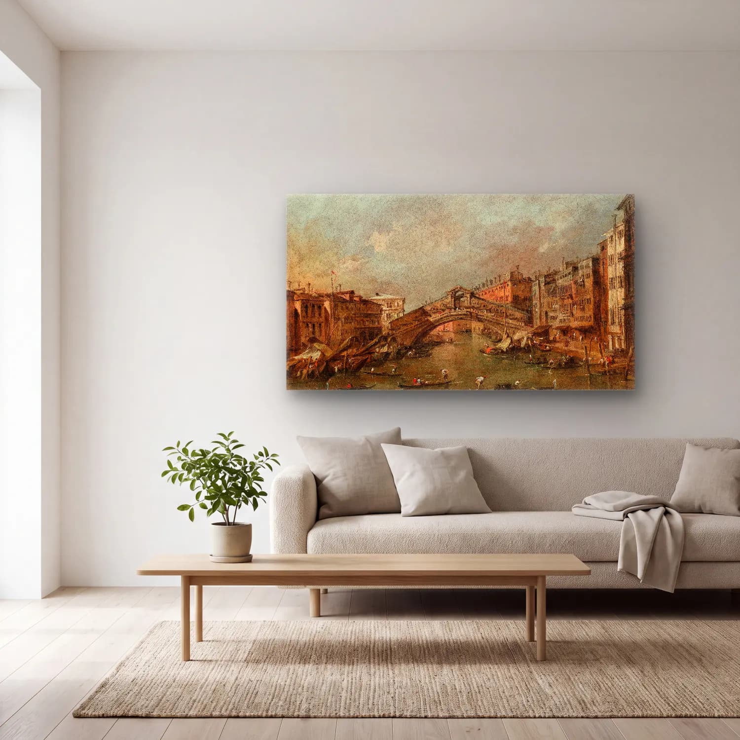 Francesco Guardi – The Rialto Bridge and the Riva del Vin, Venice cam tablo — açık renk salonda