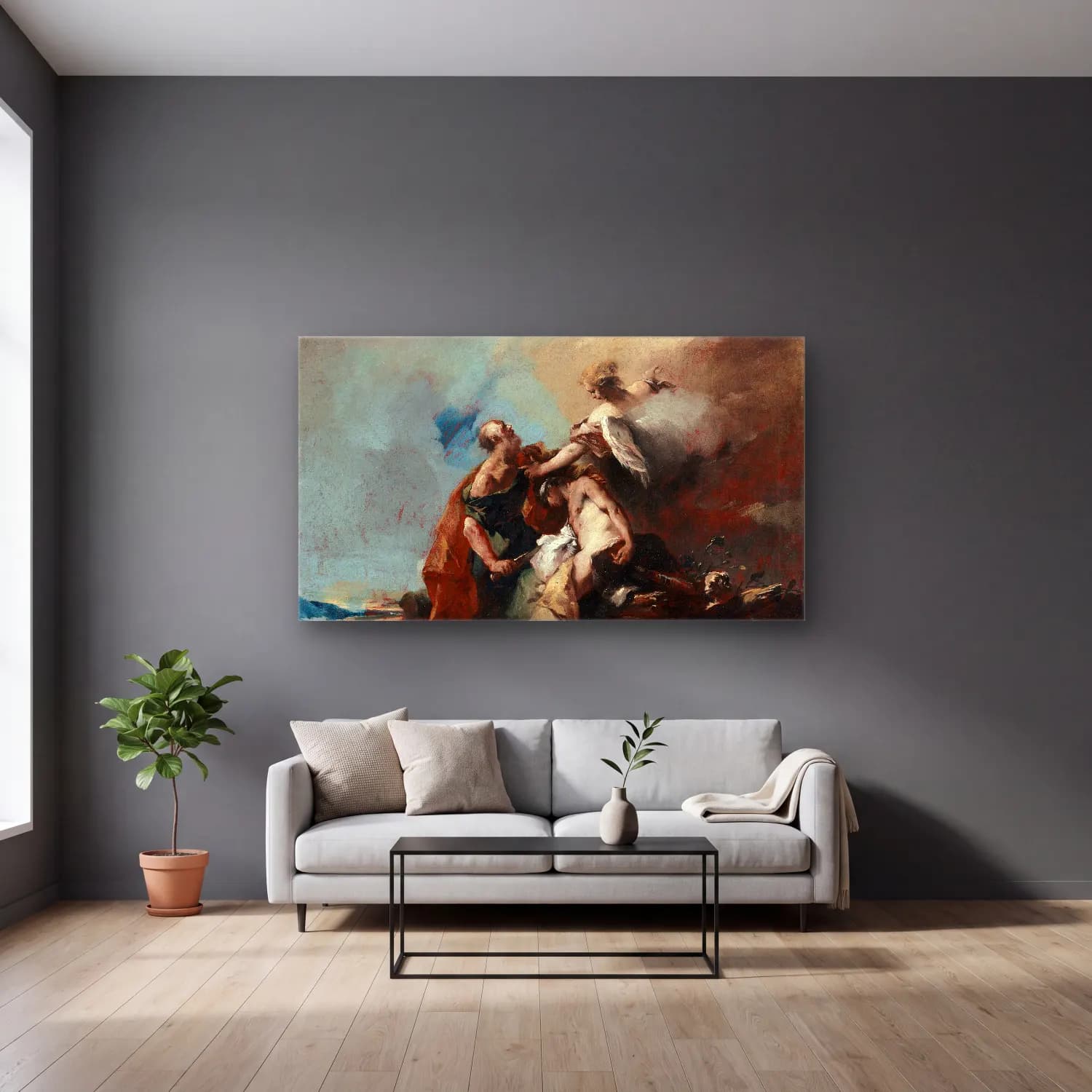 Francesco Guardi – The Sacrifice of Isaac cam tablo — gri duvarlı salonda
