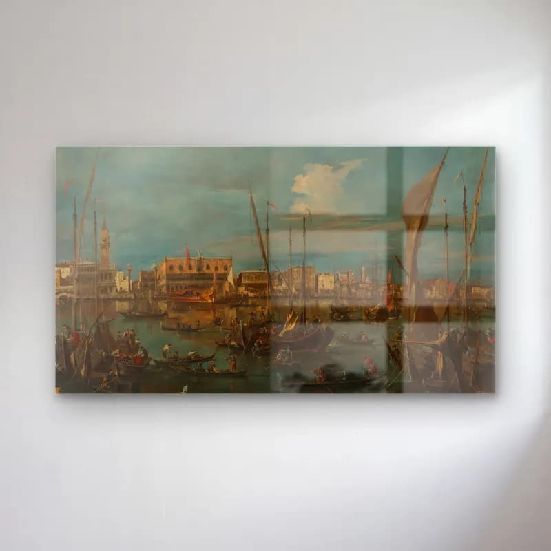 Francesco Guardi – Venice from the Bacino di San Marco (ca. 1765–75) cam tablo — Francesco Guardi – Venice from the Bacino di San Marco (ca. 1765–75) — yağlı boya liman ve tekneler