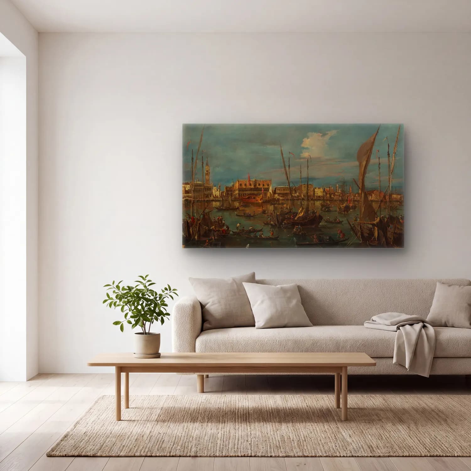 Francesco Guardi – Venice from the Bacino di San Marco (ca. 1765–75) cam tablo — açık renk salonda
