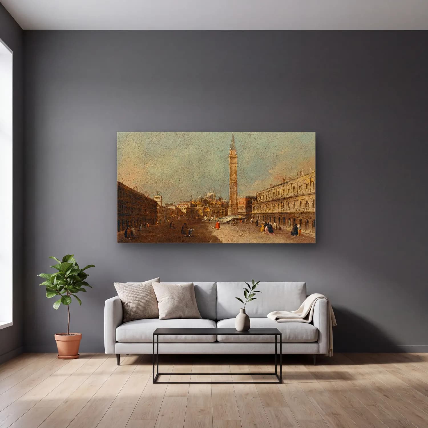 Francesco Guardi – Venice, A View Of Piazza San Marco Looking East Towards The… cam tablo — gri duvarlı salonda