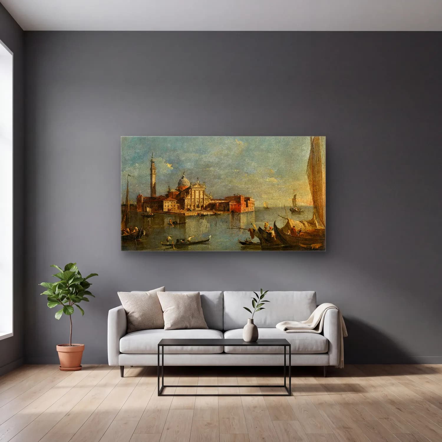 Francesco Guardi – Venice, A View Of San Giorgio Maggiore cam tablo — gri duvarlı salonda