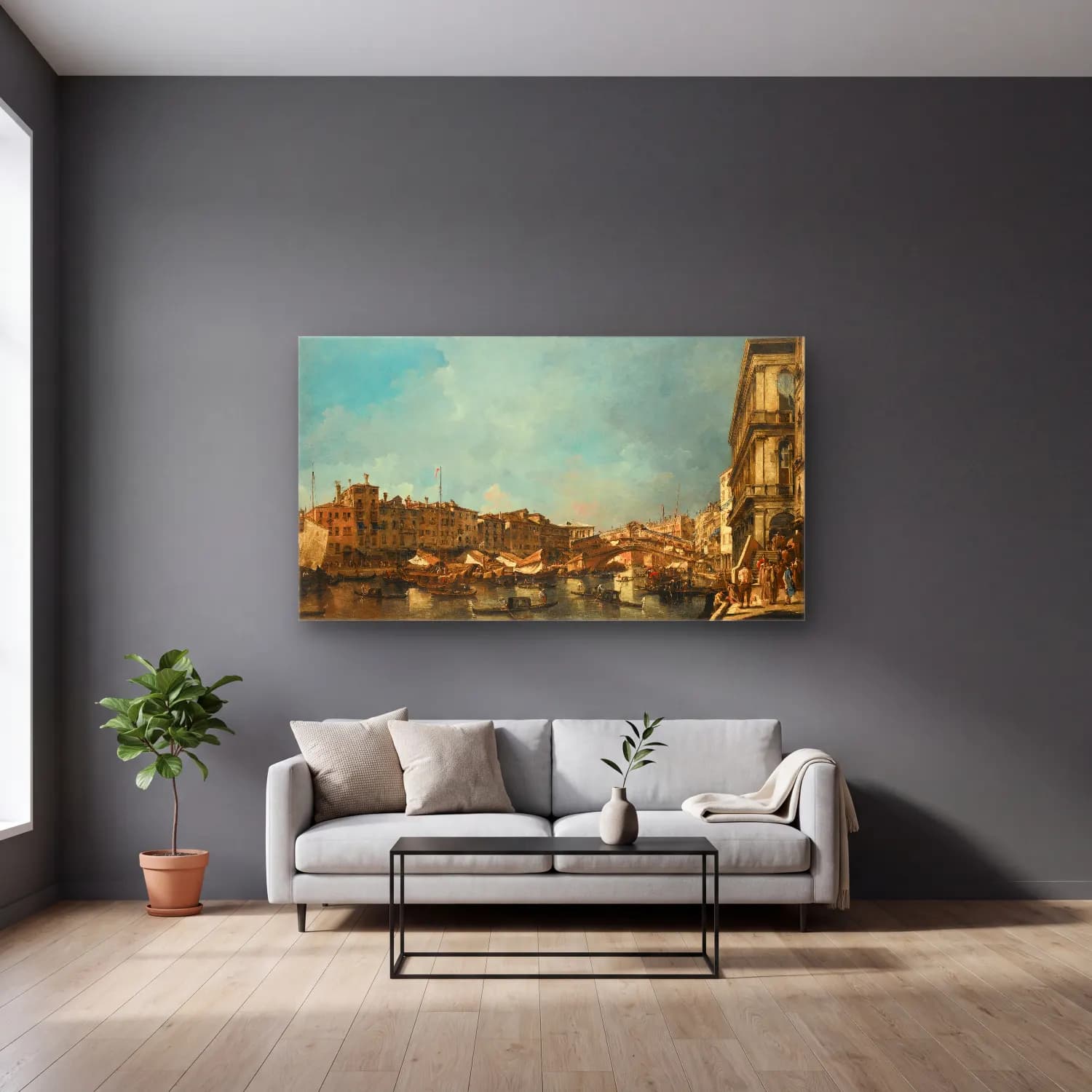 Francesco Guardi – Venice, A View Of The Rialto Bridge cam tablo — gri duvarlı salonda