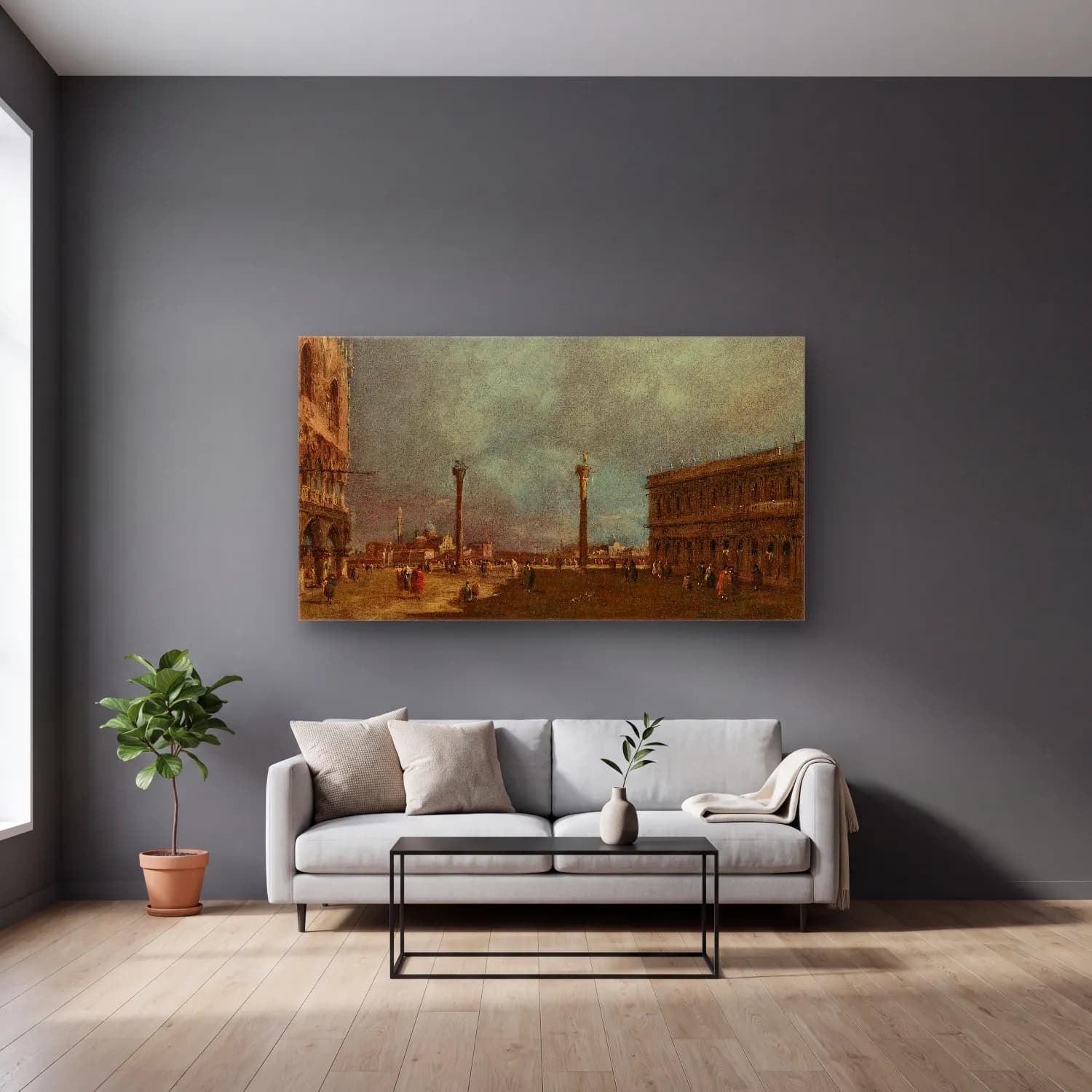 Francesco Guardi – Venice, the Piazzetta looking south, with a view of the… cam tablo — gri duvarlı salonda