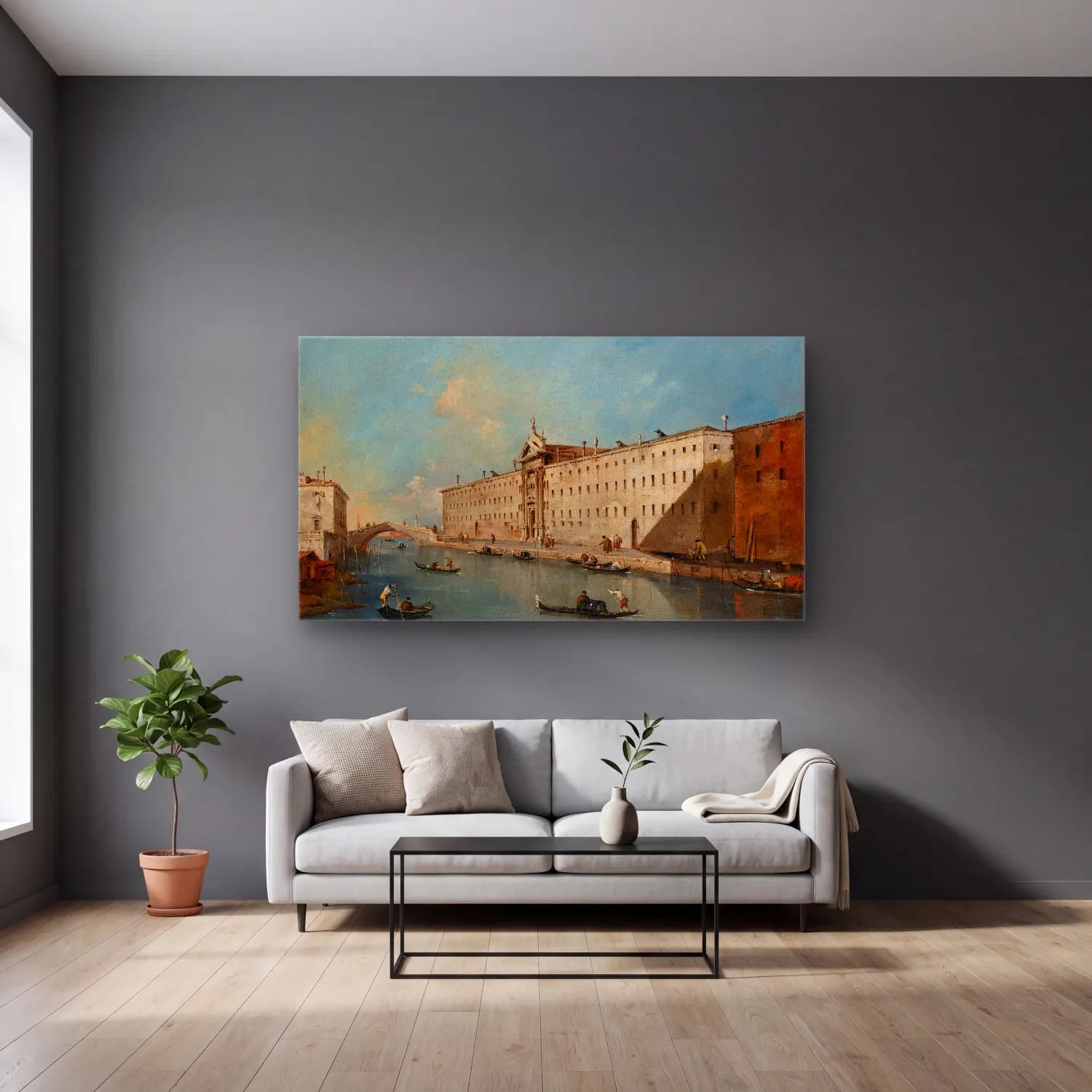 Francesco Guardi – Venice, the Rio Dei Mendicanti looking North cam tablo — gri duvarlı salonda