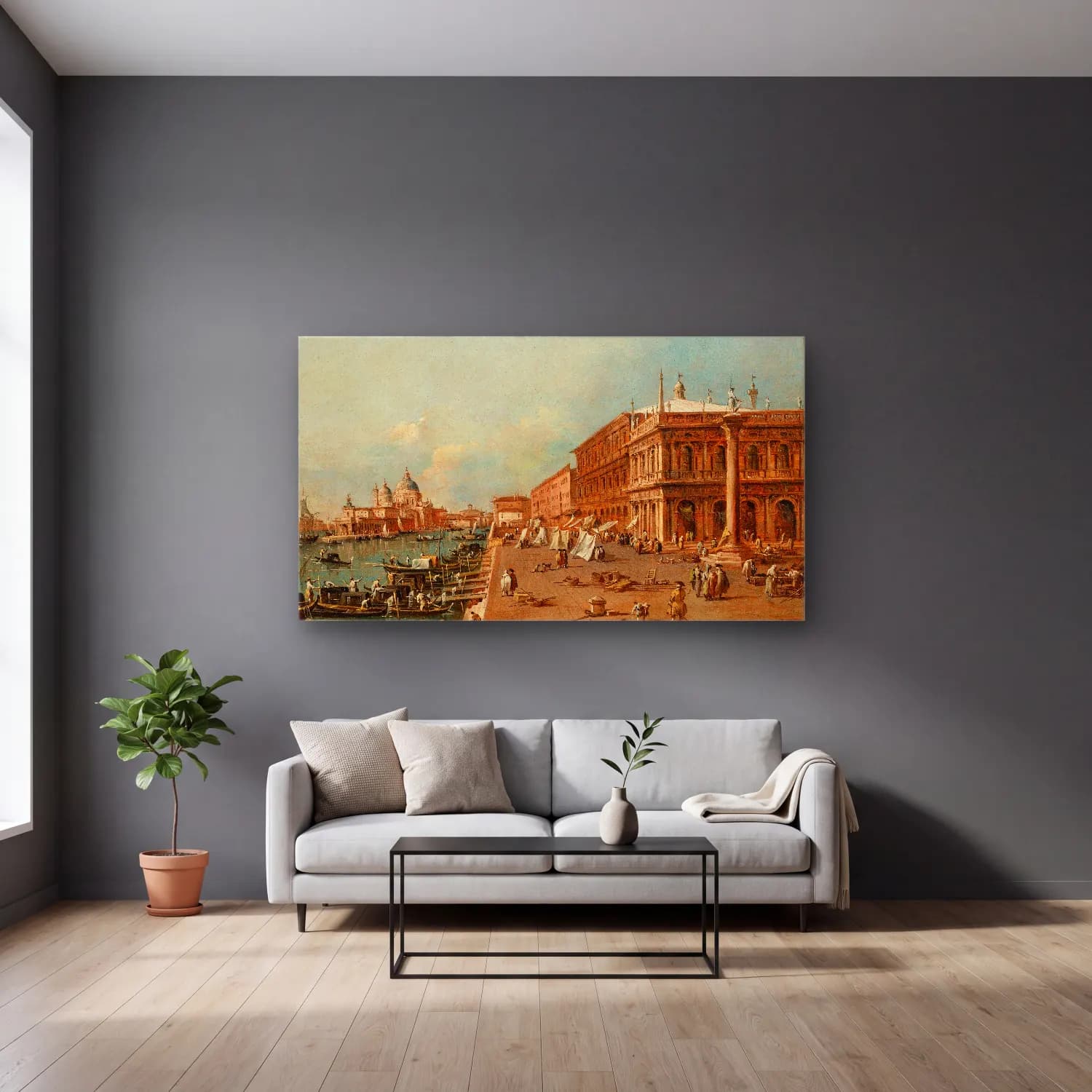Francesco Guardi – Venice The Molo with the Libreria cam tablo — gri duvarlı salonda