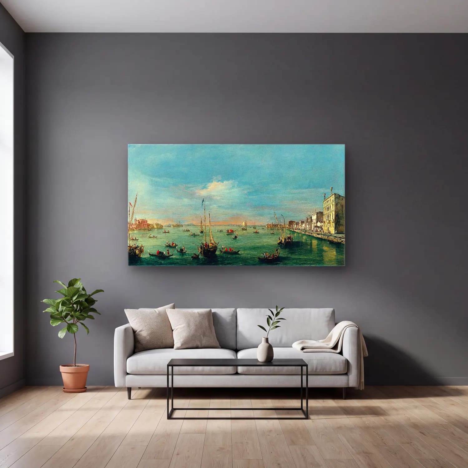 Francesco Guardi – View of the Giudecca Canal and the Zattere cam tablo — gri duvarlı salonda