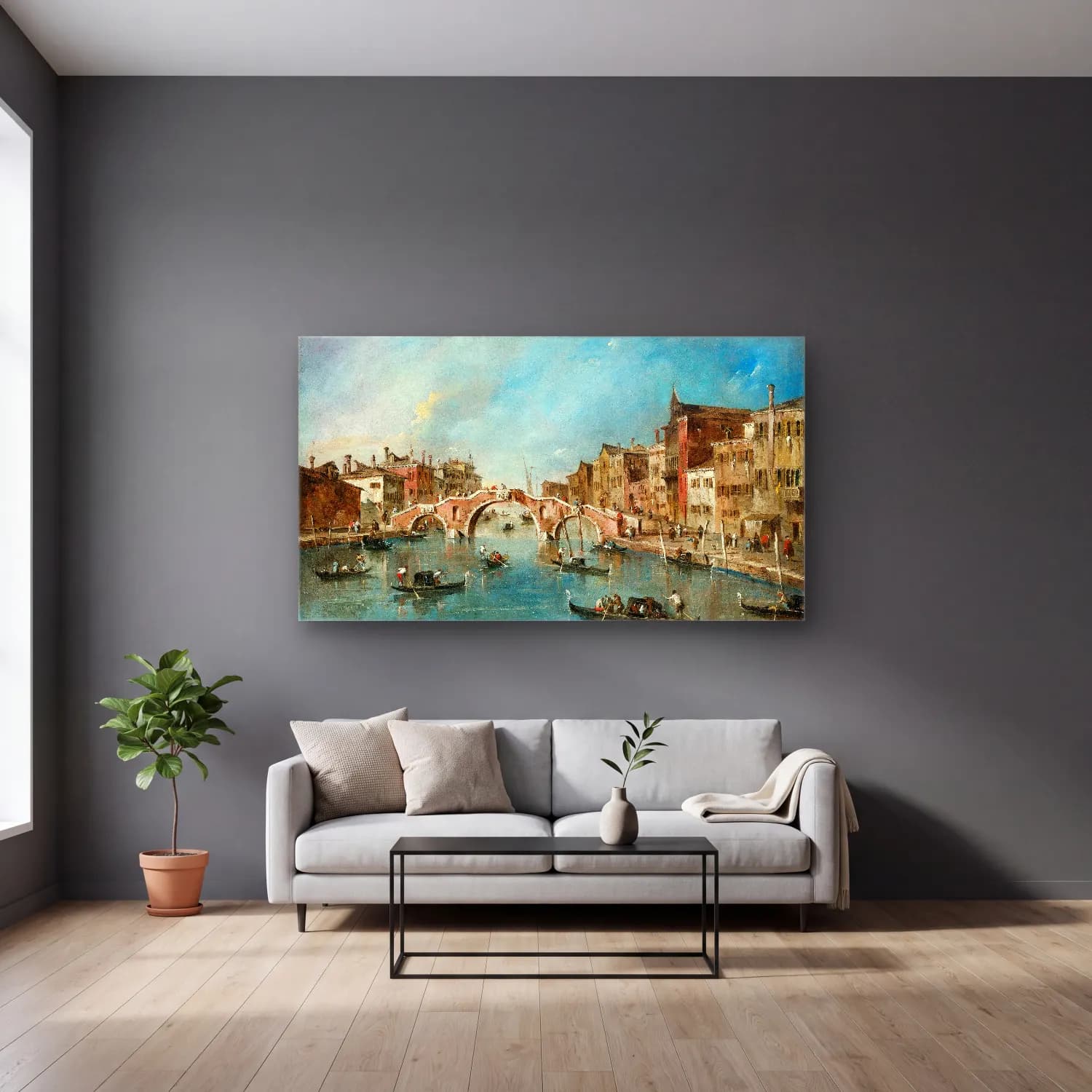 Francesco Guardi – View on the Cannaregio Canal,Venice cam tablo — gri duvarlı salonda