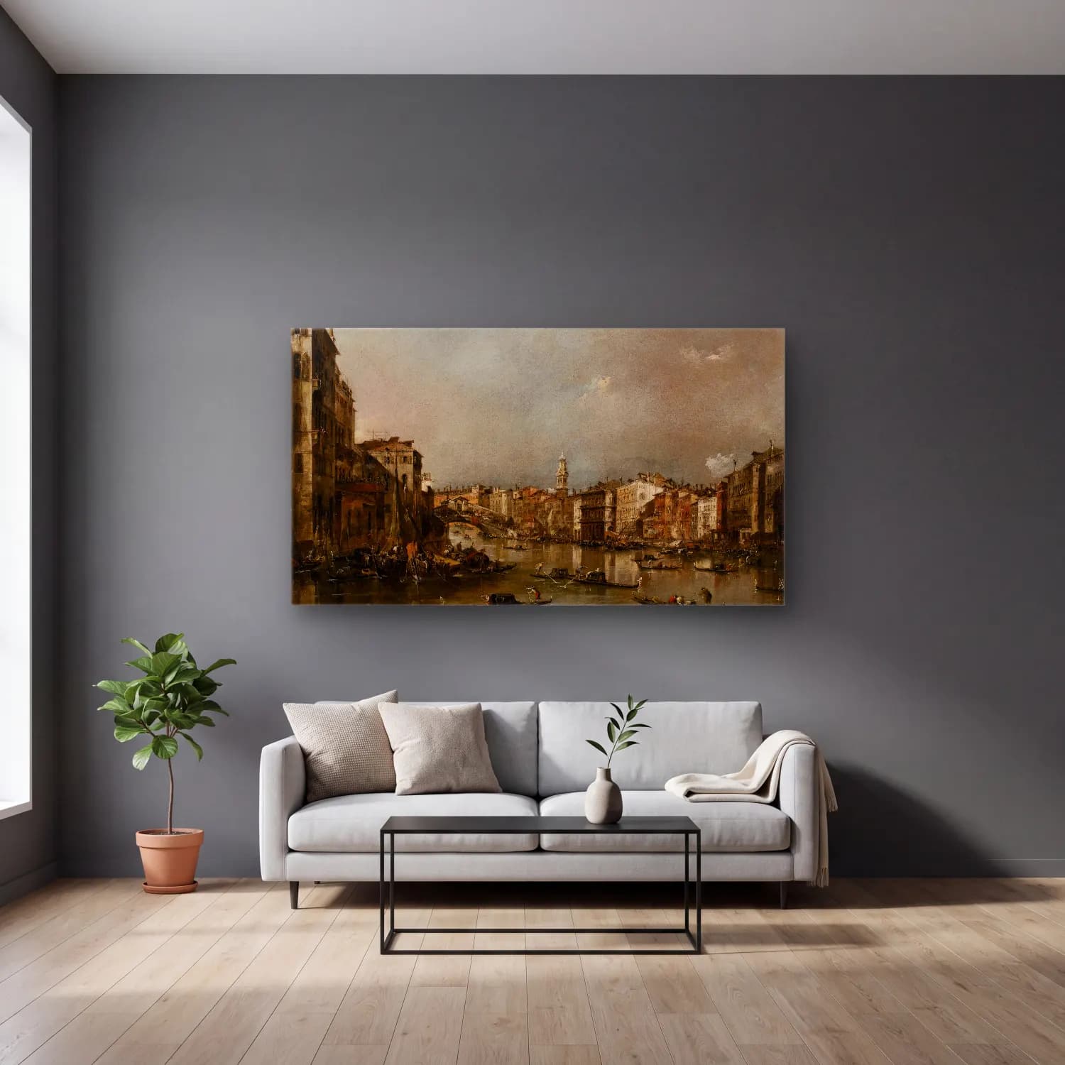 Francesco Guardi – View up the Grand Canal toward the Rialto cam tablo — gri duvarlı salonda