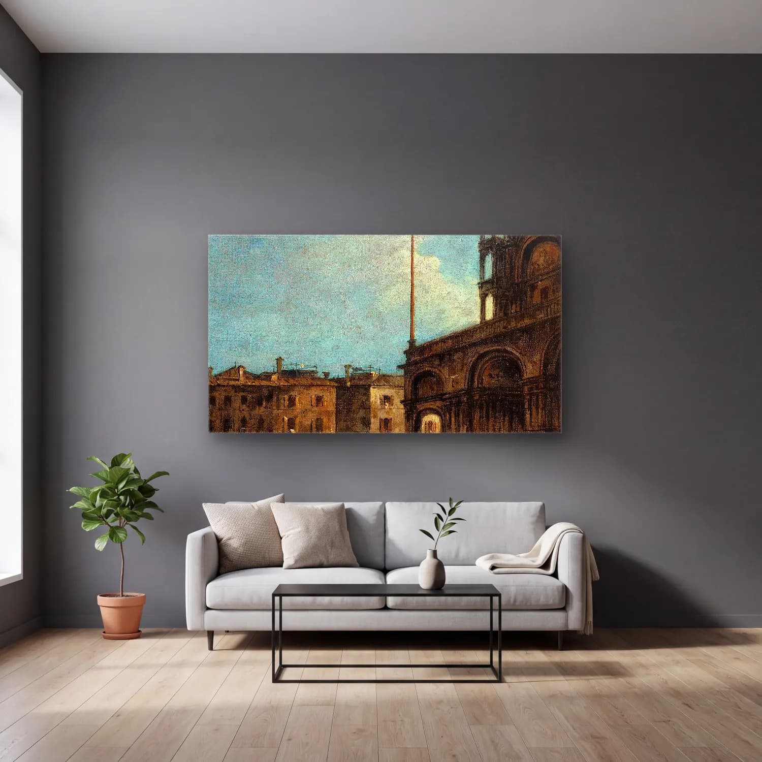 Francesco Guardi – Vue de la place Saint-Marc, à Venise cam tablo — gri duvarlı salonda