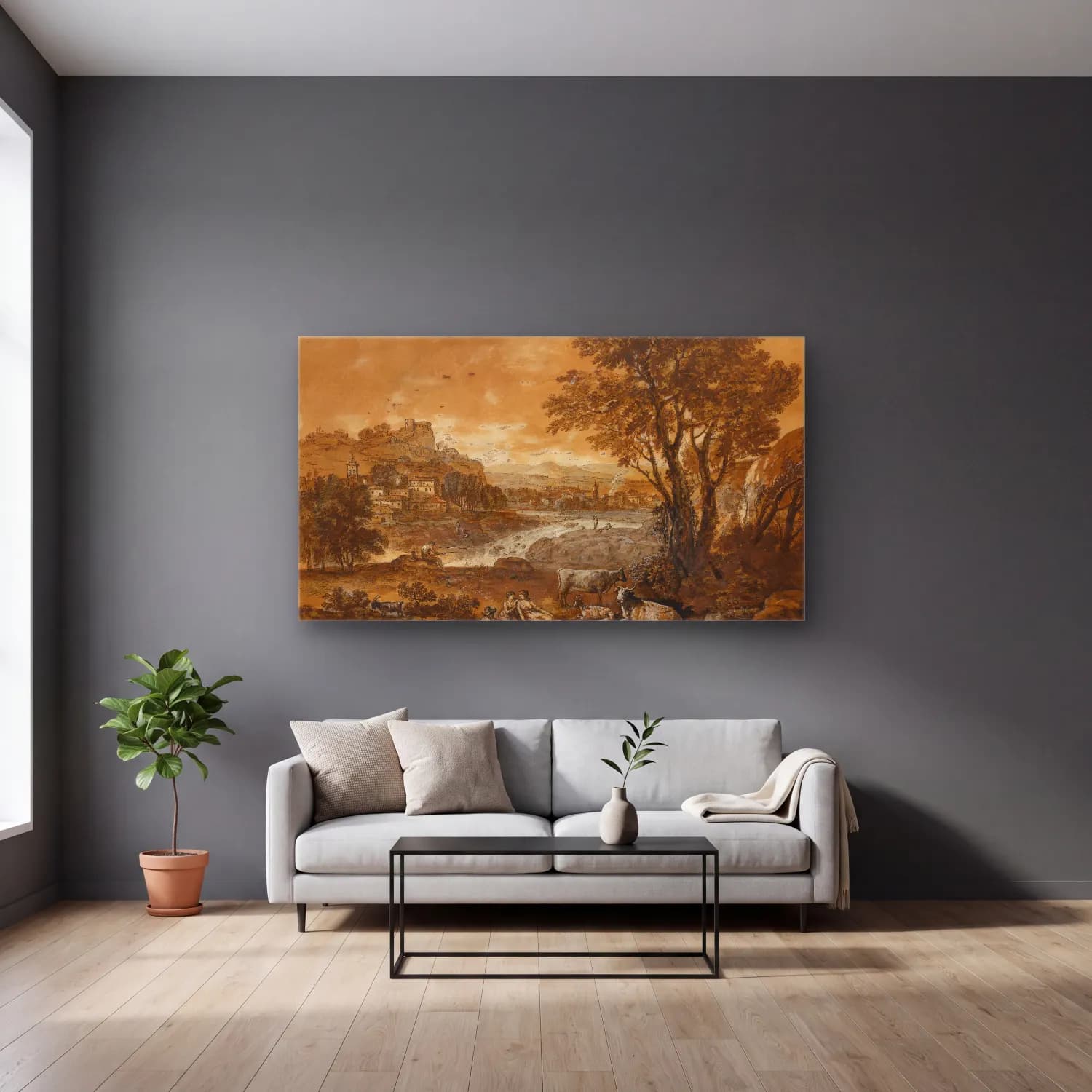 Francesco Zuccarelli – A Landscape with Shepherds Resting Under a Tree by a… cam tablo — gri duvarlı salonda