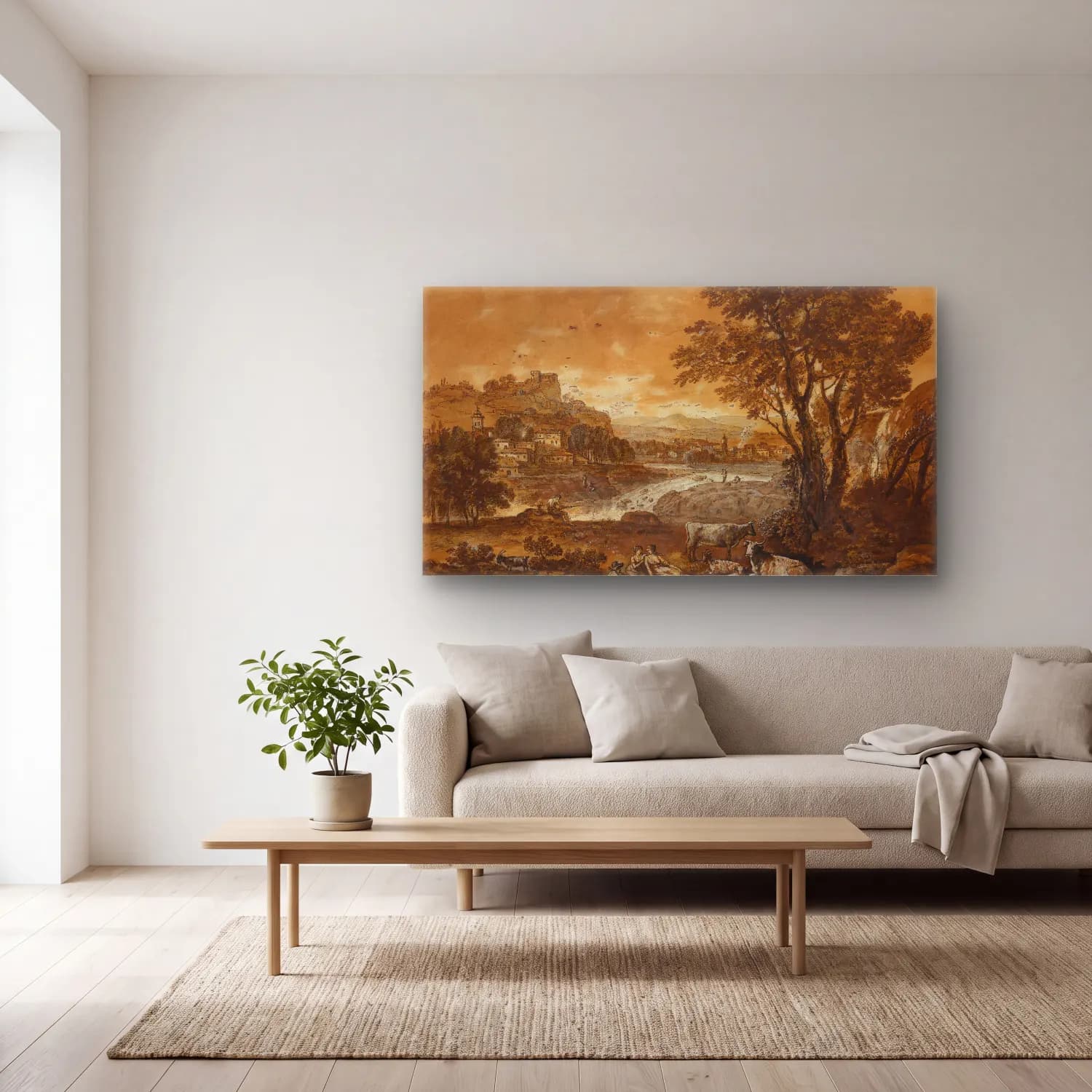Francesco Zuccarelli – A Landscape with Shepherds Resting Under a Tree by a… cam tablo — açık renk salonda