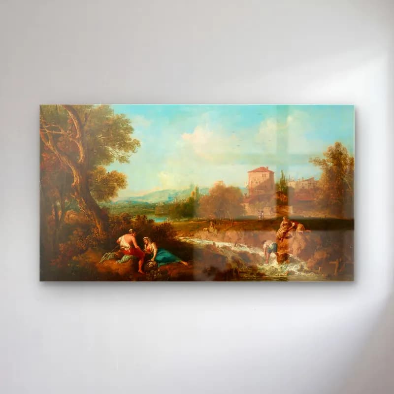 Francesco Zuccarelli – An Arcadian landscape with figures near a stream, a village… cam tablo — Francesco Zuccarelli – An Arcadian landscape with figures near a stream, a village… — yağlı boya kırda nehir