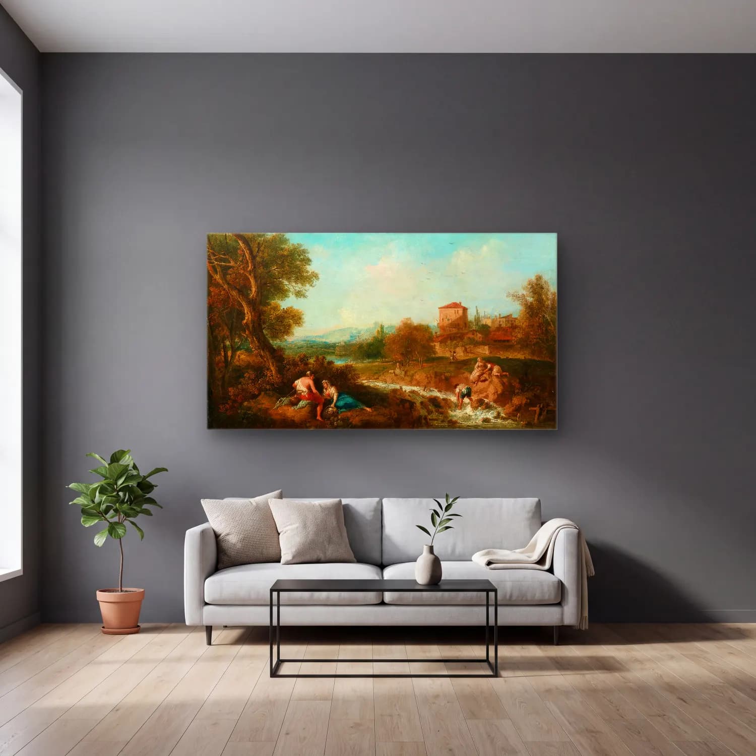 Francesco Zuccarelli – An Arcadian landscape with figures near a stream, a village… cam tablo — gri duvarlı salonda