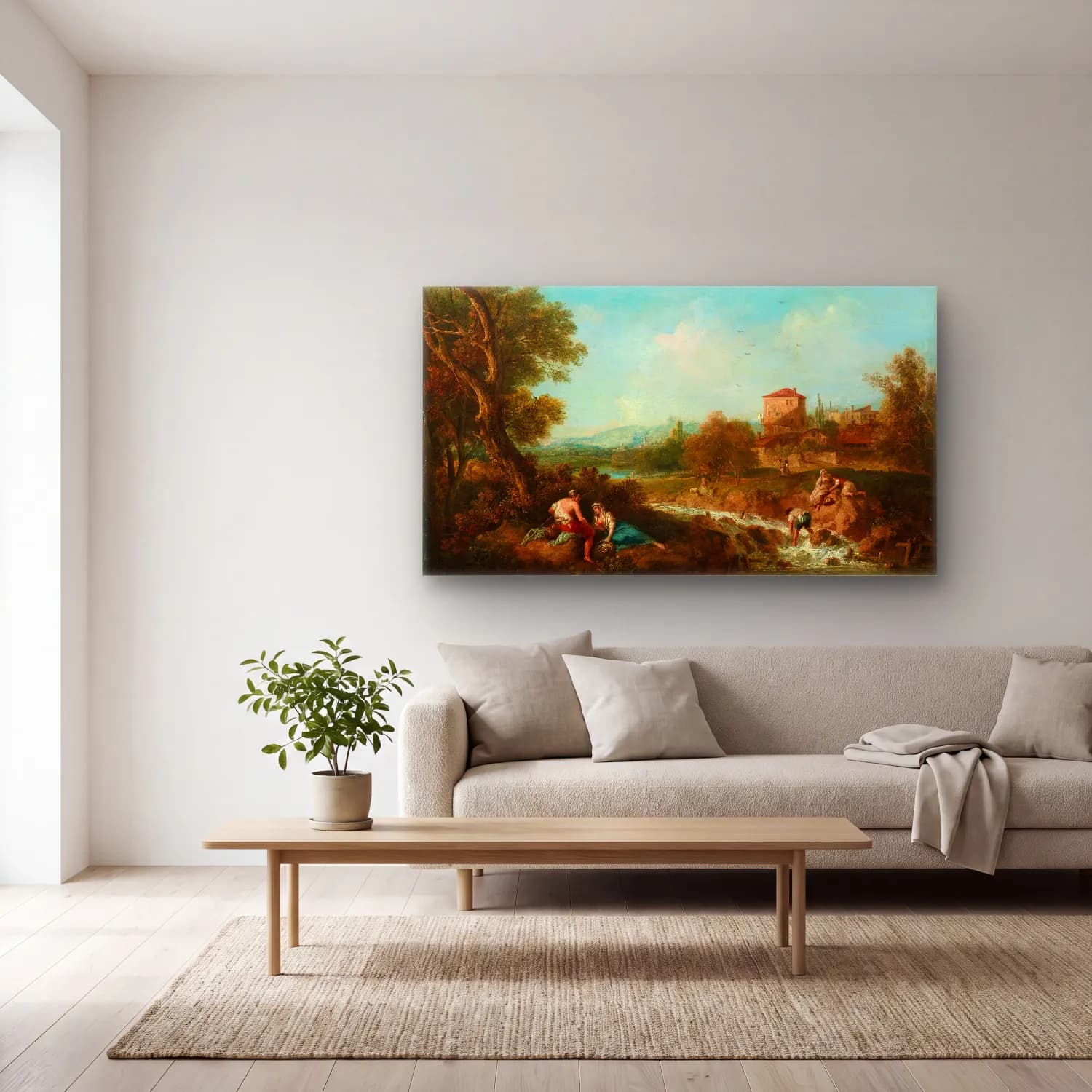 Francesco Zuccarelli – An Arcadian landscape with figures near a stream, a village… cam tablo — açık renk salonda