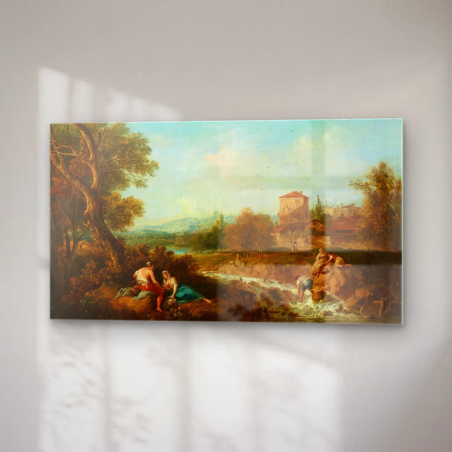 Francesco Zuccarelli – An Arcadian landscape with figures near a stream, a village… cam tablo — sağ açıdan görünüm