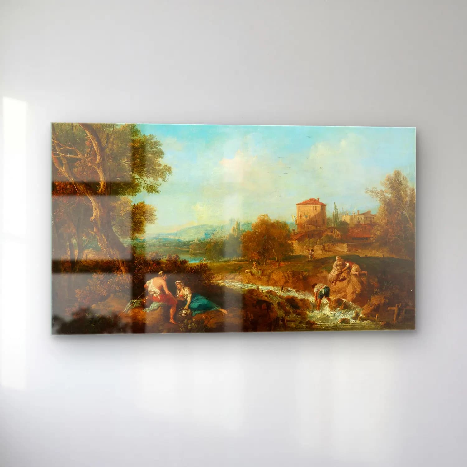 Francesco Zuccarelli – An Arcadian landscape with figures near a stream, a village… cam tablo — sol açıdan görünüm