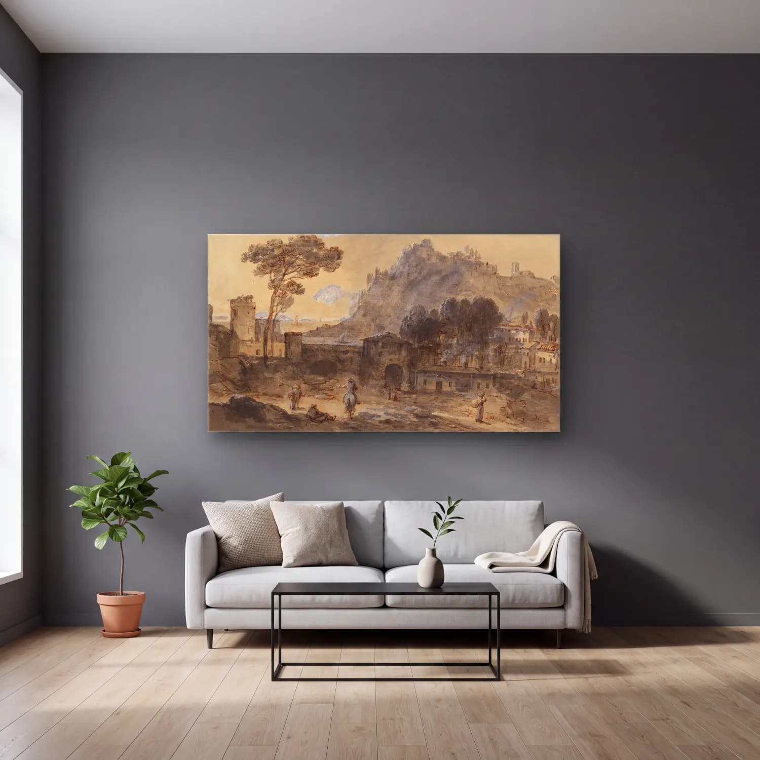 Francesco Zuccarelli – Classical Landscape A Town and a Mountain by the Coast cam tablo — gri duvarlı salonda
