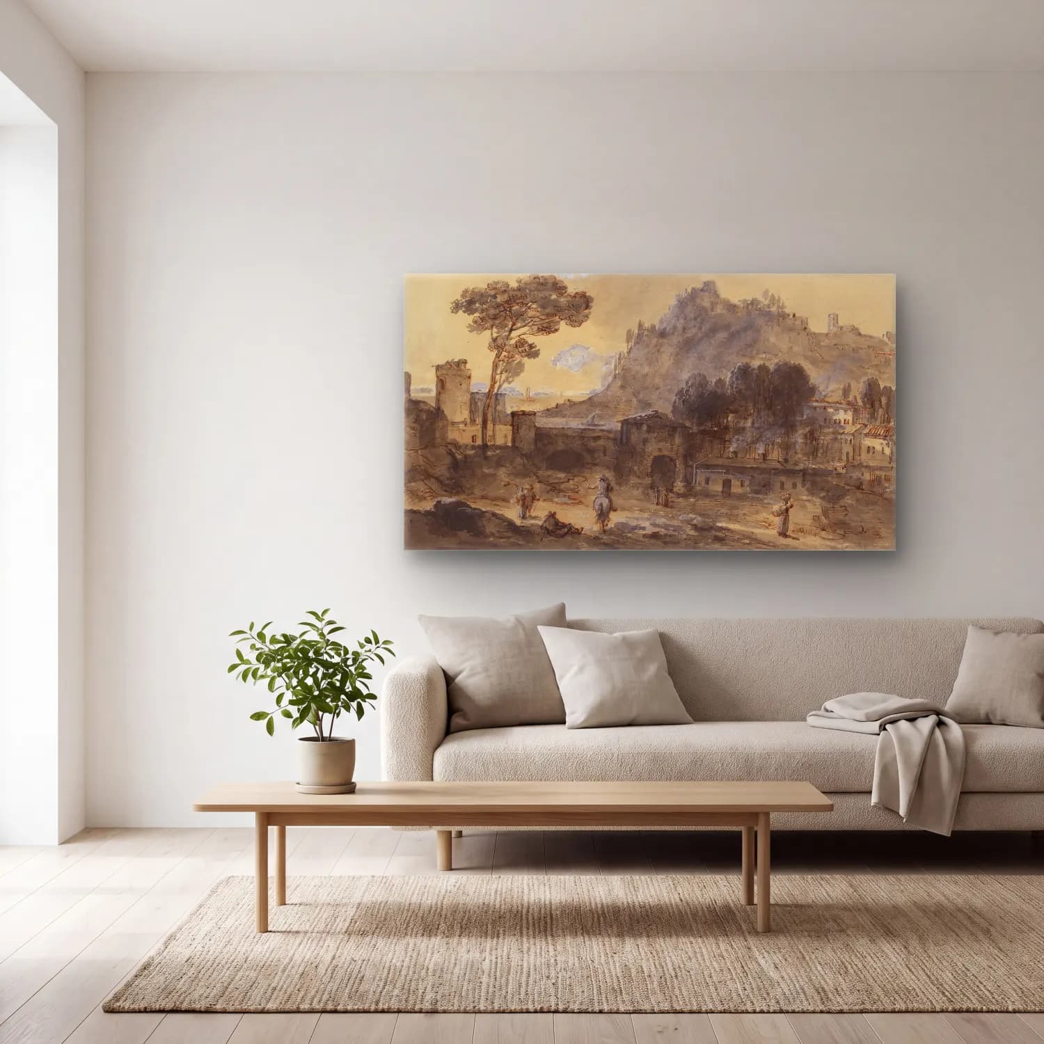 Francesco Zuccarelli – Classical Landscape A Town and a Mountain by the Coast cam tablo — açık renk salonda