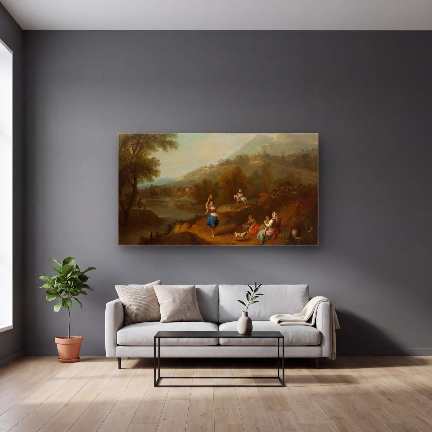 Francesco Zuccarelli – Idyllic River Landscape with Figures (After 1762) cam tablo — gri duvarlı salonda
