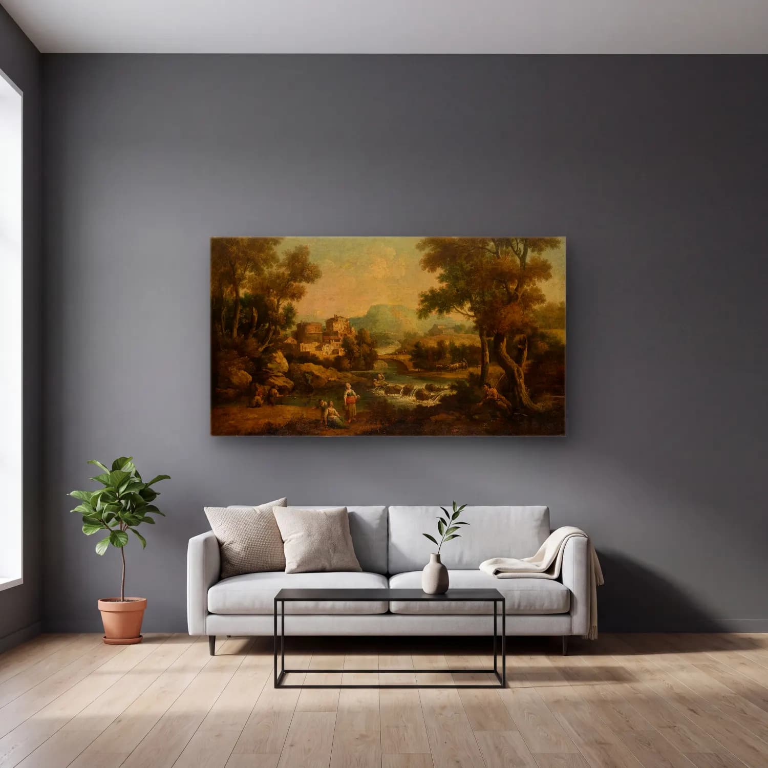 Francesco Zuccarelli – Italian Landscape with a Mountain Stream cam tablo — gri duvarlı salonda
