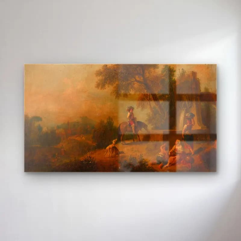 Francesco Zuccarelli – Landscape With Peasants, Fountain And Rider cam tablo — Francesco Zuccarelli – Landscape With Peasants, Fountain And Rider — yağlı boya mitolojik sahne