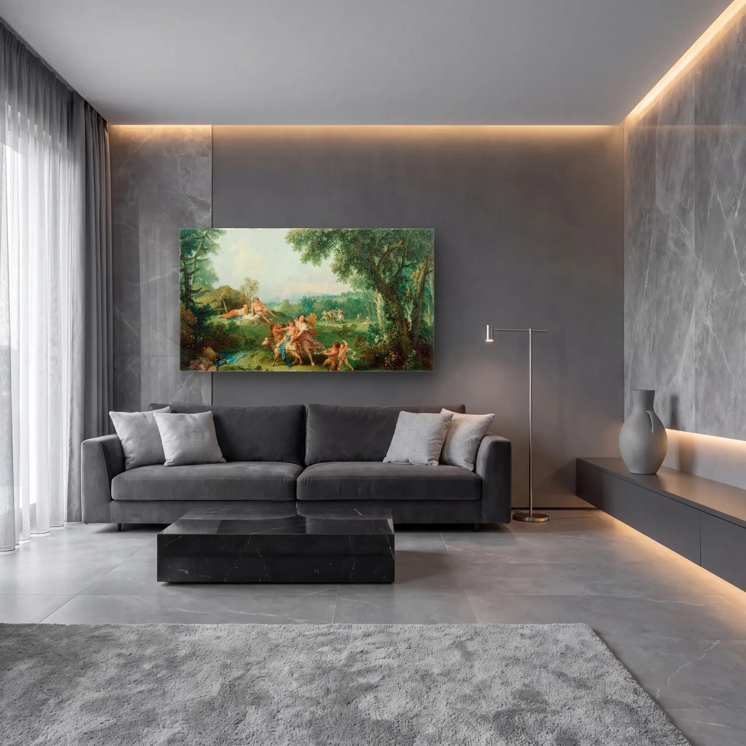 Francesco Zuccarelli – Landscape With The Education of Bacchus cam tablo — lüks salon duvarında