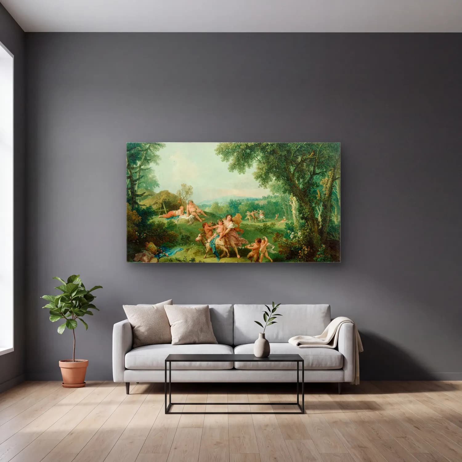 Francesco Zuccarelli – Landscape With The Education of Bacchus cam tablo — gri duvarlı salonda