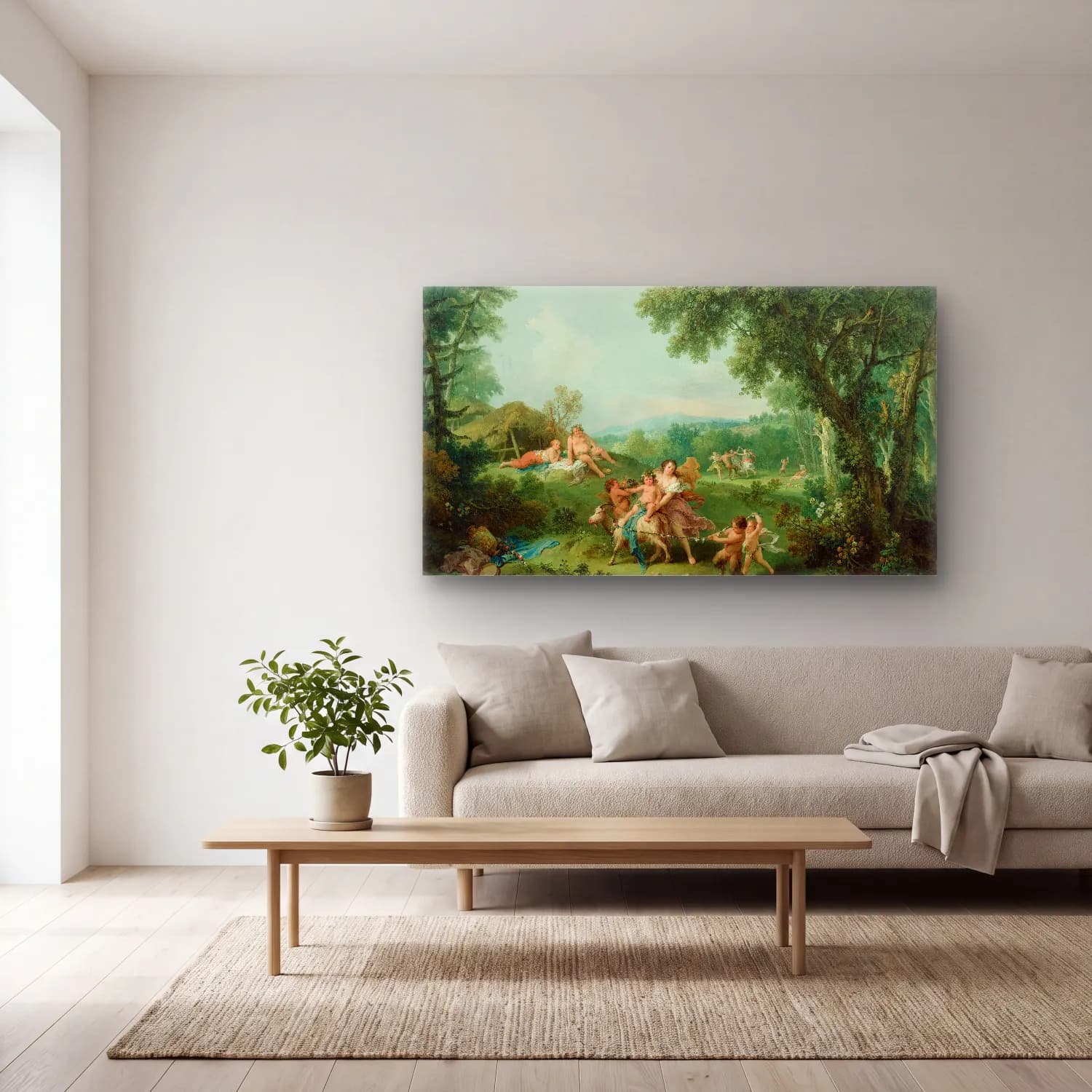 Francesco Zuccarelli – Landscape With The Education of Bacchus cam tablo — açık renk salonda