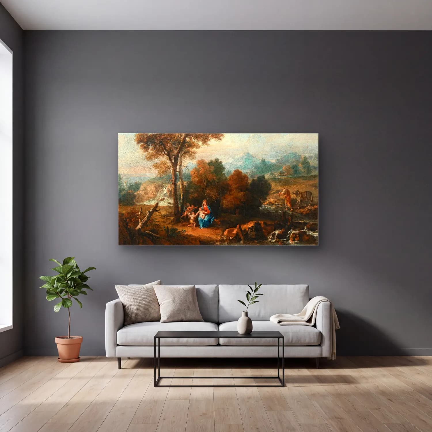 Francesco Zuccarelli – Landscape with the Rest on the Flight into Egypt cam tablo — gri duvarlı salonda