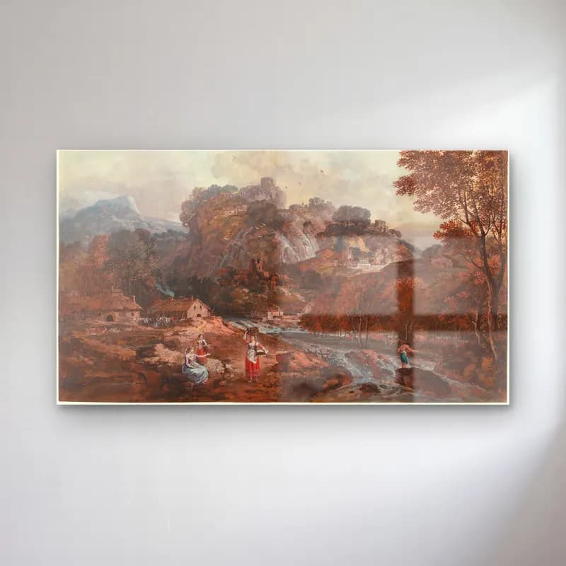 Francesco Zuccarelli – Mountain Landscape with Washerwomen and a Fisherman cam tablo — Francesco Zuccarelli – Mountain Landscape with Washerwomen and a Fisherman — suluboya kırda nehir