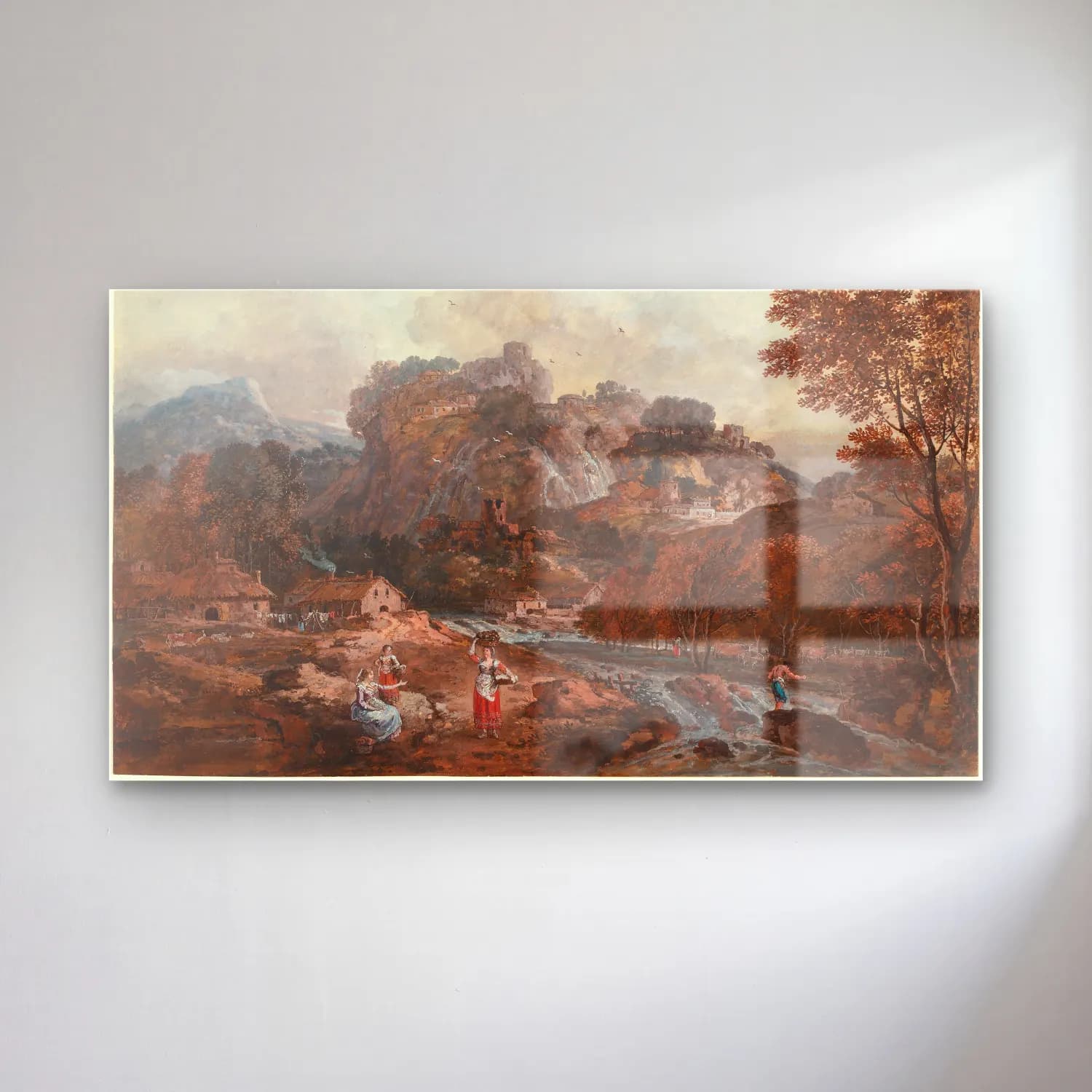 Francesco Zuccarelli – Mountain Landscape with Washerwomen and a Fisherman cam tablo — Francesco Zuccarelli – Mountain Landscape with Washerwomen and a Fisherman — suluboya kırda nehir