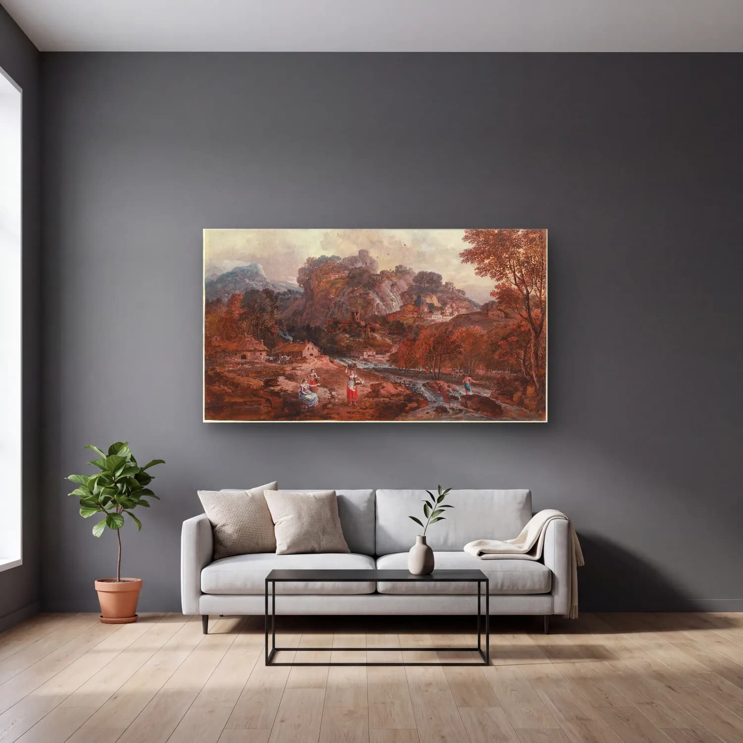 Francesco Zuccarelli – Mountain Landscape with Washerwomen and a Fisherman cam tablo — gri duvarlı salonda