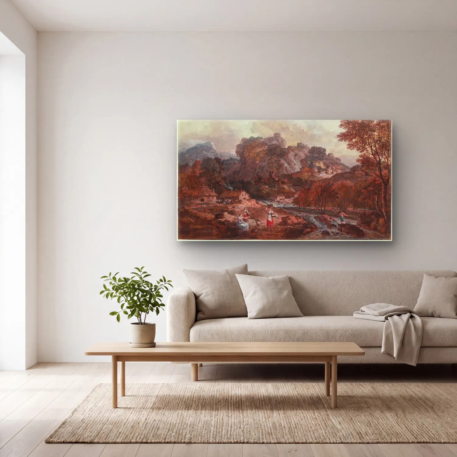 Francesco Zuccarelli – Mountain Landscape with Washerwomen and a Fisherman cam tablo — açık renk salonda